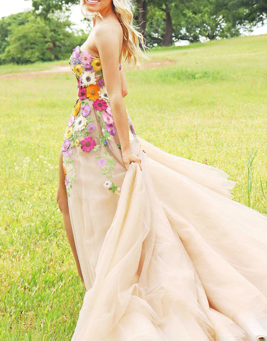 Weitese Dress Champagne A Line Sweetheart Flower Long Prom Dress With Appliques